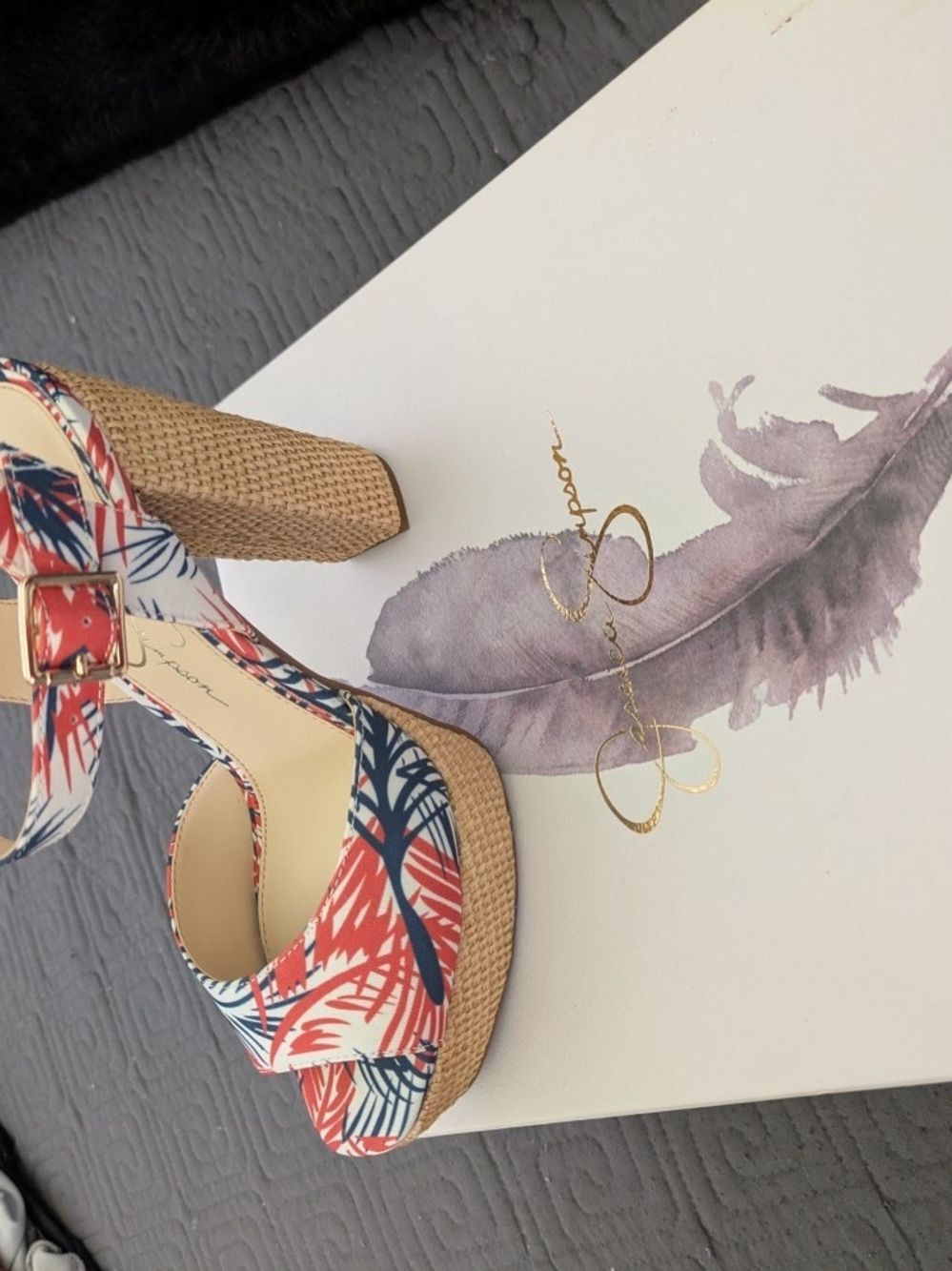 Jessica Simpson Coral and Navy Tropical Print Platform Sandals - Picture 5 of 6